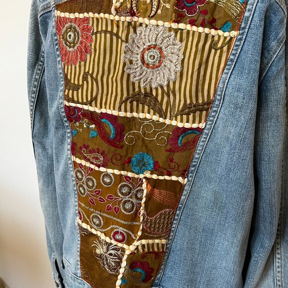 Lucky Brand Patchwork Denim Jacket Tomboy Trucker Boho 70s Vintage Reworked - Picture 4 of 14